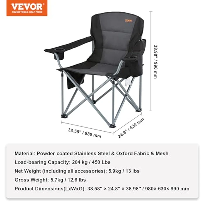 VEVOR Oversized Camping Folding Chair, Portable Heavy Duty Outdoor Quad Lumbar Back Padded with Side Pockets, Cup Holder and Cooler Bag for Beach, Lawn, Picnic, Fishing, Backpacking, Black by VEVOR - Image 8