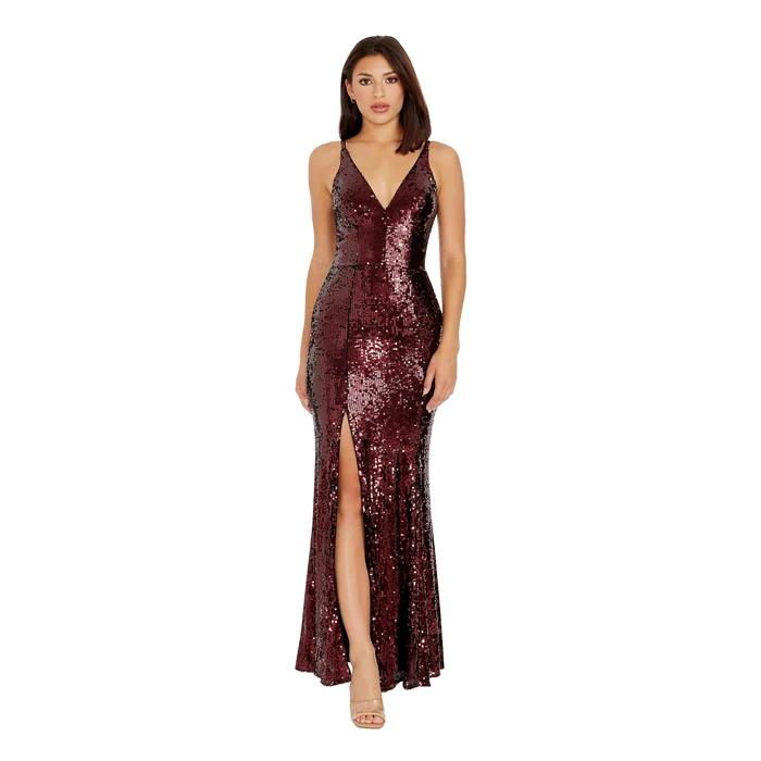 Dress the Population Women's Iris Sequin, Maxi, Bodycon, V-Neck Dress, Port, Large by Dress the Population - Used - Like New condition