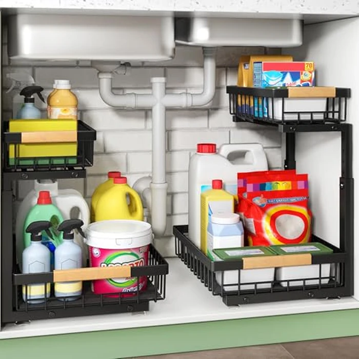 Kitstorack Under Sink Organizer, 2 Tier Under the Sink Storage, Slide out Pull out Cabinet Organizer Shelf, Metal Sliding Drawer for Kitchen Bathroom Pantry Closet Organization Rack, Black, 2 Pack by Kitstorack - Used - Like New condition - US$36.34