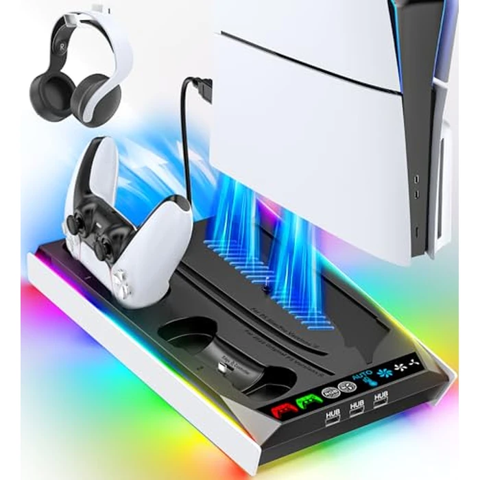 PS5/Slim/Pro Stand for Disc & Digital Console, PS5 Cooling & Charging Station with RGB Lights, PS5 Controller Charger Built-in 3 Level & AUTO Adjustable Fan, PS5/Slim/Pro Accessories for PS 4 Cases by Rysker - Used - Like New condition - US$29.87