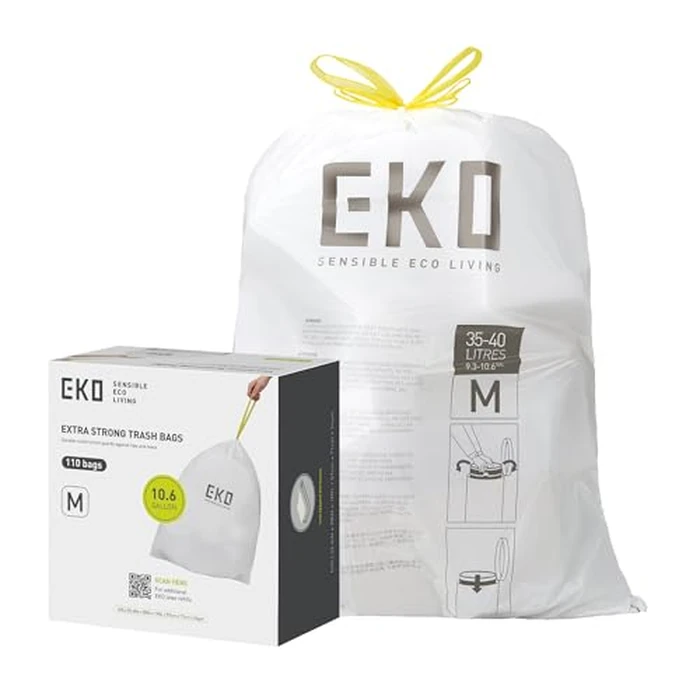 EKO 10.6 Gallon / 35-40 Liter Drawstring Trash Bags, 110 Count Heavy-Duty Tall Kitchen Garbage Can Liners, Extra-Strong Leak-Resistant, Unscented, White, Code M by EKO - Used - Like New condition - US$23.45