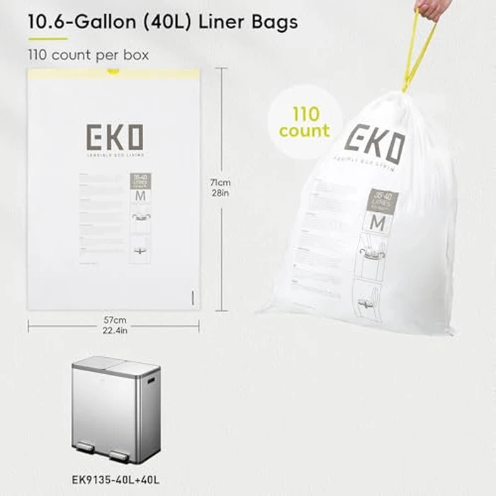 EKO 10.6 Gallon / 35-40 Liter Drawstring Trash Bags, 110 Count Heavy-Duty Tall Kitchen Garbage Can Liners, Extra-Strong Leak-Resistant, Unscented, White, Code M by EKO - Image 7