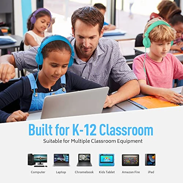 AILIHEN Classroom Headphones Kids 20-Pack for School Student K-12, On-Ear Premium Bulk Wired Headset with Mic, 85dB Volume Limited & SharePort, 3.5mm Jack for Chromebook, Computer, Laptop (Multicolor) by AILIHEN - Image 6