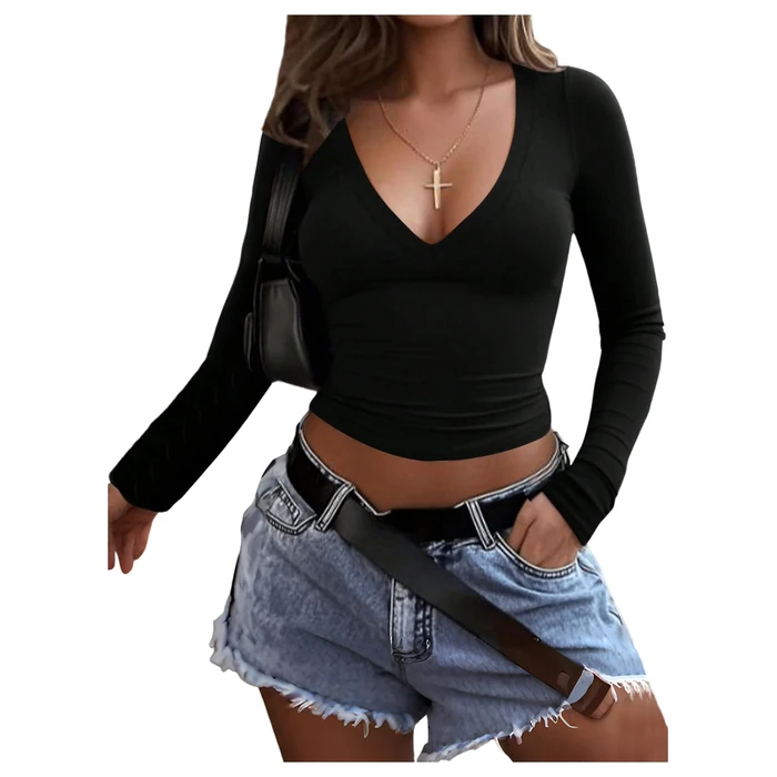 SweatyRocks Women's Long Sleeve Deep V Neck T Shirts Slim Fit Going Out Y2k Tops 2026 Fashion Clothes Black Small by SweatyRocks - Used - Like New condition - US$16.14