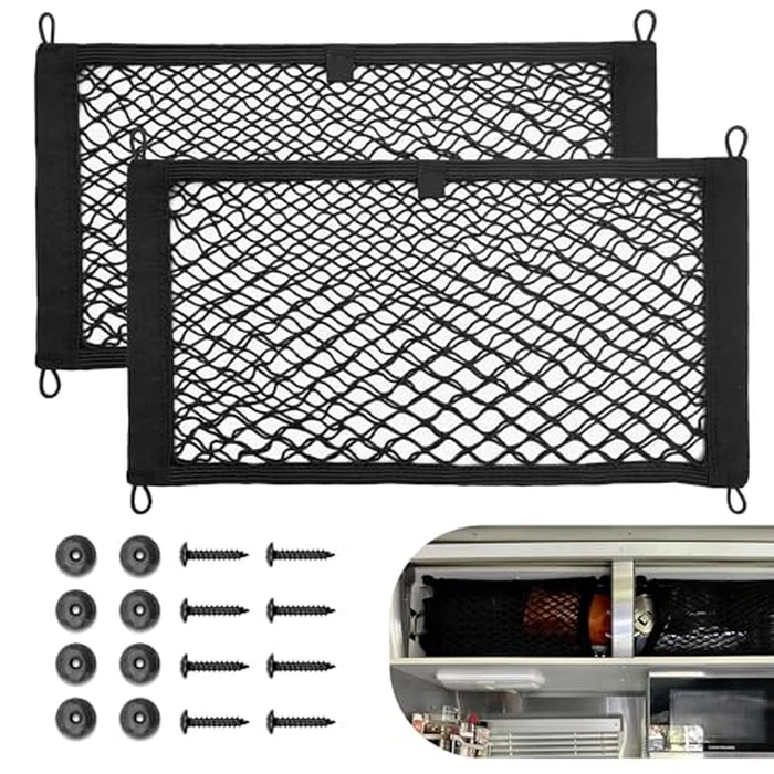 RED WOLF 2 Pcs Universal Cargo Net Pocket Elastic Mesh Netting Car Mesh Pouch for Trunk RV Boats Home Cargo Storage Mesh with Screws and Hooks (17.7'' x 9.8'') by RED WOLF - Image 1