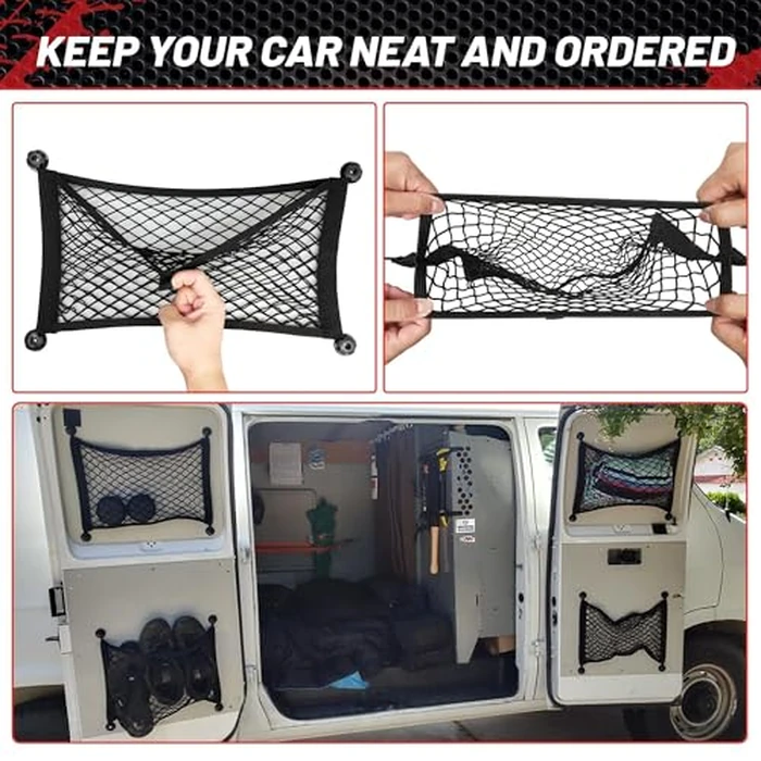 RED WOLF 2 Pcs Universal Cargo Net Pocket Elastic Mesh Netting Car Mesh Pouch for Trunk RV Boats Home Cargo Storage Mesh with Screws and Hooks (17.7'' x 9.8'') by RED WOLF - Image 6