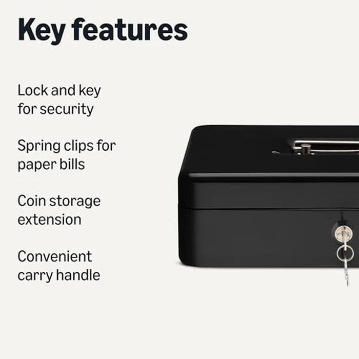Amazon Basics Cash Box with Lock Key and Money Organizer Tray, 9 H x 30 W x 24 D cm, Black by Amazon Basics - Image 2