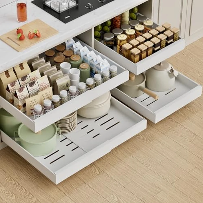 PAKETA 4 Pack Expandable Pull Out Cabinet Organizer, 21'' Deep Pull Out Drawers for Cabinets,Upgrade 3 Slide Rails Sliding Drawer for Kitchen Cabinet Organizer with Adhesive Nano Film (White) by PAKETA - Used - Very Good condition
