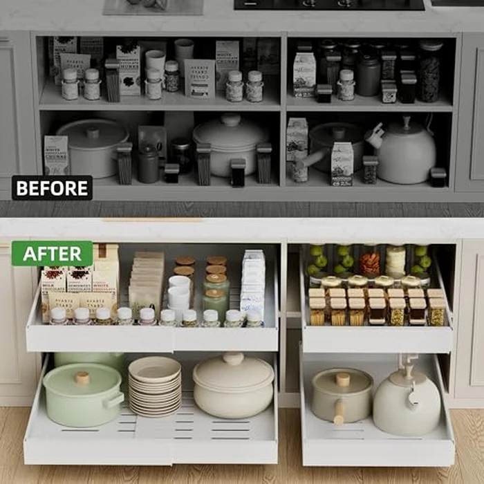 PAKETA 4 Pack Expandable Pull Out Cabinet Organizer, 21'' Deep Pull Out Drawers for Cabinets,Upgrade 3 Slide Rails Sliding Drawer for Kitchen Cabinet Organizer with Adhesive Nano Film (White) by PAKETA - Image 3
