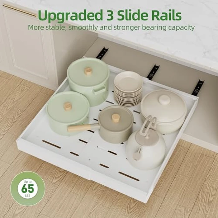 PAKETA 4 Pack Expandable Pull Out Cabinet Organizer, 21'' Deep Pull Out Drawers for Cabinets,Upgrade 3 Slide Rails Sliding Drawer for Kitchen Cabinet Organizer with Adhesive Nano Film (White) by PAKETA - Image 7