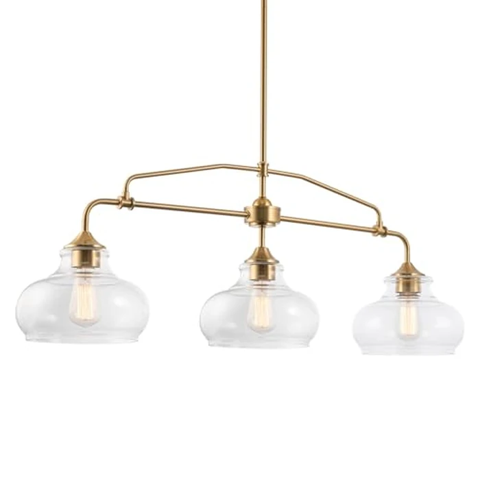 Kira Home Harlow 38" 3-Light Modern Schoolhouse Island Light with Clear Glass Shades, Industrial Farmhouse Gold Hanging Light with Schoolhouse Glass, Cool Brass Finish by Kira Home - Image 1