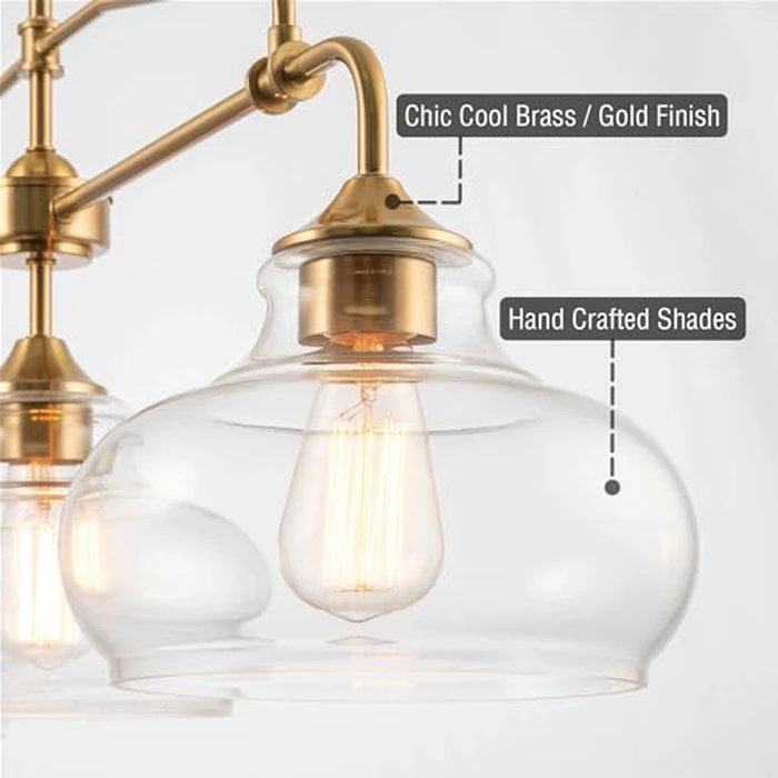 Kira Home Harlow 38" 3-Light Modern Schoolhouse Island Light with Clear Glass Shades, Industrial Farmhouse Gold Hanging Light with Schoolhouse Glass, Cool Brass Finish by Kira Home - Image 2