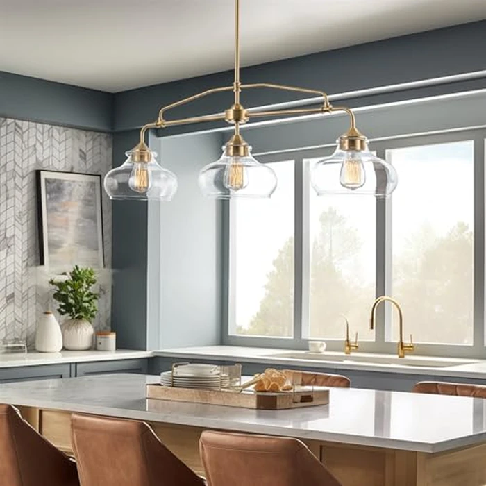 Kira Home Harlow 38" 3-Light Modern Schoolhouse Island Light with Clear Glass Shades, Industrial Farmhouse Gold Hanging Light with Schoolhouse Glass, Cool Brass Finish by Kira Home - Image 7