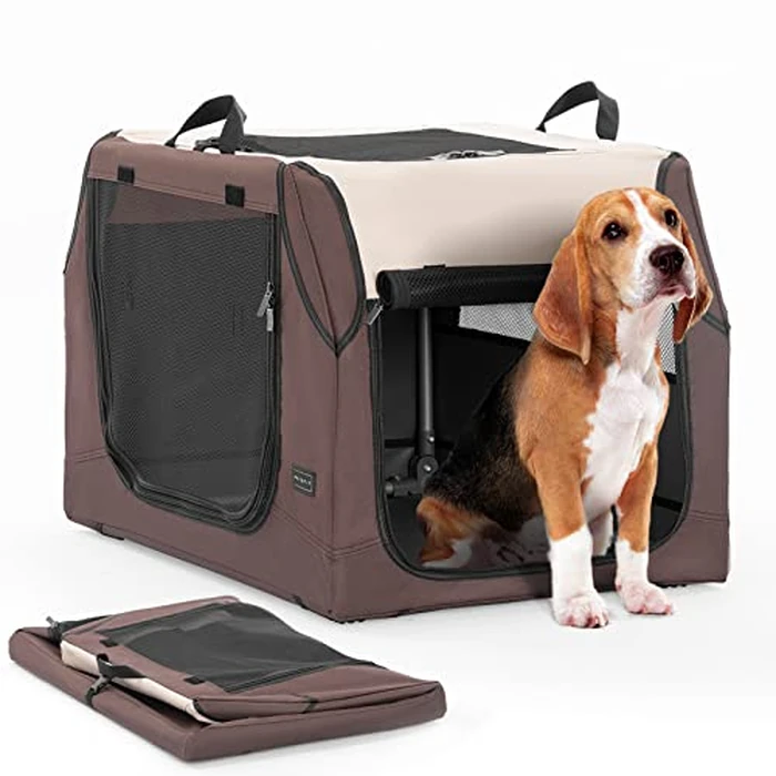 PETSFIT Travel Dog Crate, Ideal for Traveling, Three Doors, Collapsible Dog Kennel, Fune-Tune The Tightness of Fabric Cover, Easy On The Go, Easy to Stow Brown 30inch by Petsfit - Used - Like New condition