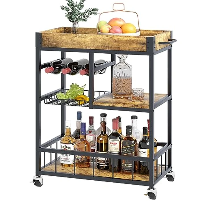 Azheruol Bar Cart with Basket 3 Tiers Home Rolling Wine Rack with Wheels Mobile Kitchen Industrial Vintage Style Wood Metal Serving Trolley Serving Cart,Glass Holder Bar Cabinet... by Azheruol - Used - Good condition - CA$48.83