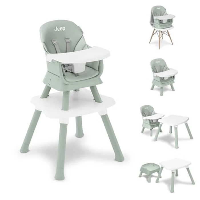 Jeep Milestone 6-in-1 High Chair by Delta Children - High Chair Converts to Stool, Booster Seat, Toddler Chair, Activity Table and Desk and Chair, Sage Green by Delta Children - Used - Like New condition - US$90.99