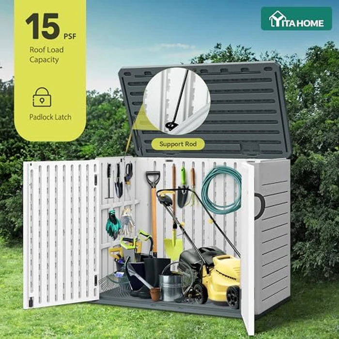 YITAHOME Outdoor Resin Storage Sheds with X-Shaped Lockable Door, 39 in Height Lockable Waterproof Horizontal Shed w/o Shelf, Easy to Assemble Shed Storage for Garden Tools, Light Gray by YITAHOME - Image 3