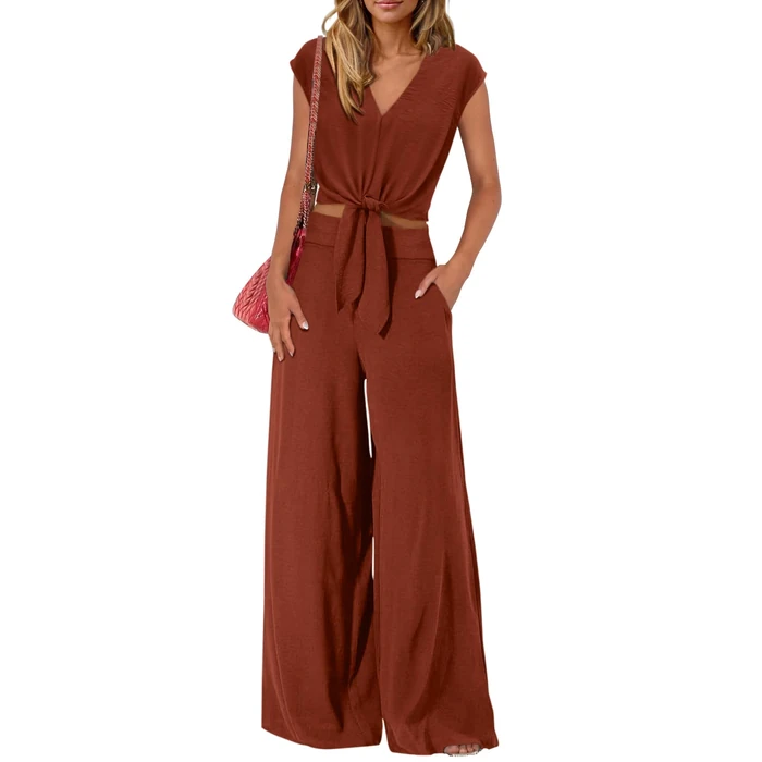 PRETTYGARDEN Women's Summer 2 Piece Outfits 2026 Cap Sleeve V Neck Belted Crop Tops Wide Leg Pant Sets Casual Tracksuit(Solid Rust Red,Small) by PRETTYGARDEN - Used - Very Good condition