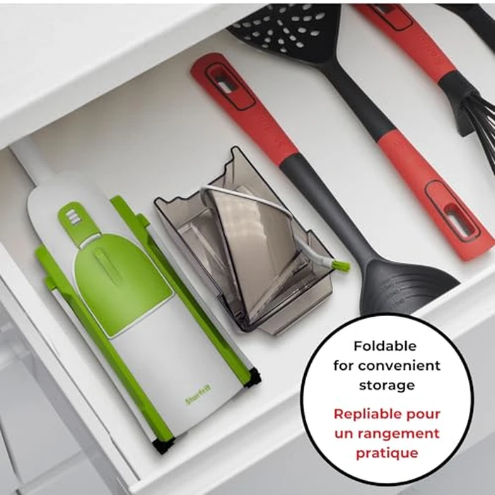 Starfrit Pump'n'Slice - Vertical Mandoline, Food Chopper, Slicer - Safe Enclosed Blades - Folds for Storage | Cleaning Tool - 2-in-1 Peeler Included by Starfrit - Image 9