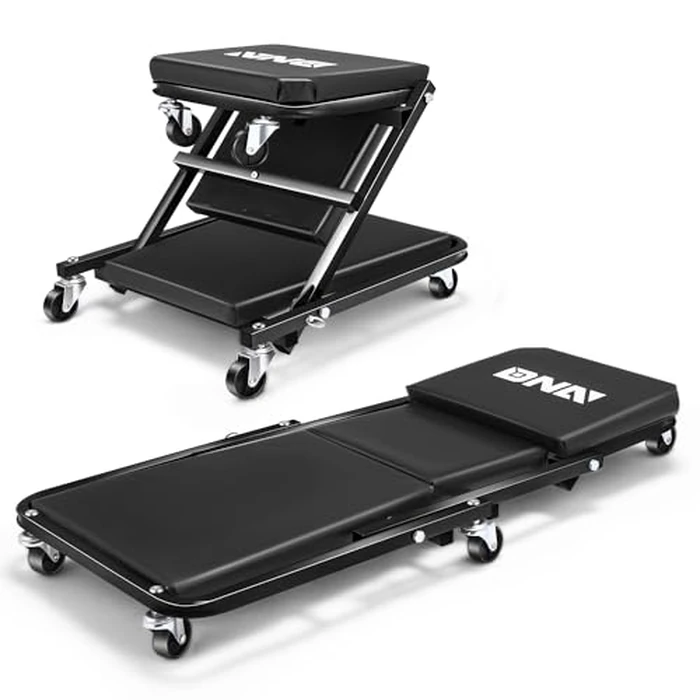 DNA Motoring 36 Inches Folding 2 in 1 Rolling Z Creeper, Adjustable Roller Garage Chair Lay Down or Sit, 6 Pcs Casters, 330 LBS / 150kg Weight Capacity, Black, TOOLS-00493 by DNA MOTORING - Used - Like New condition - US$34.79