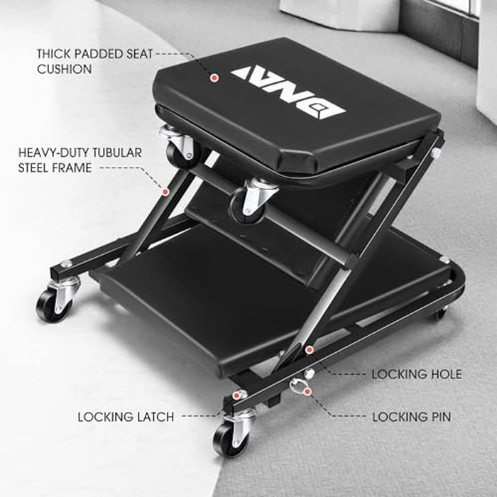 DNA Motoring 36 Inches Folding 2 in 1 Rolling Z Creeper, Adjustable Roller Garage Chair Lay Down or Sit, 6 Pcs Casters, 330 LBS / 150kg Weight Capacity, Black, TOOLS-00493 by DNA MOTORING - Image 2