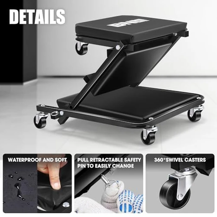 DNA Motoring 36 Inches Folding 2 in 1 Rolling Z Creeper, Adjustable Roller Garage Chair Lay Down or Sit, 6 Pcs Casters, 330 LBS / 150kg Weight Capacity, Black, TOOLS-00493 by DNA MOTORING - Image 6