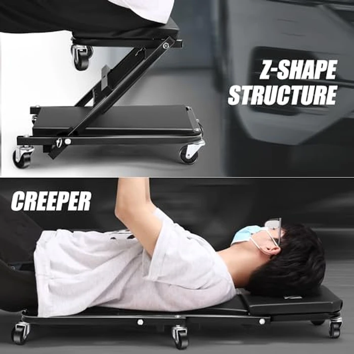 DNA Motoring 36 Inches Folding 2 in 1 Rolling Z Creeper, Adjustable Roller Garage Chair Lay Down or Sit, 6 Pcs Casters, 330 LBS / 150kg Weight Capacity, Black, TOOLS-00493 by DNA MOTORING - Image 7