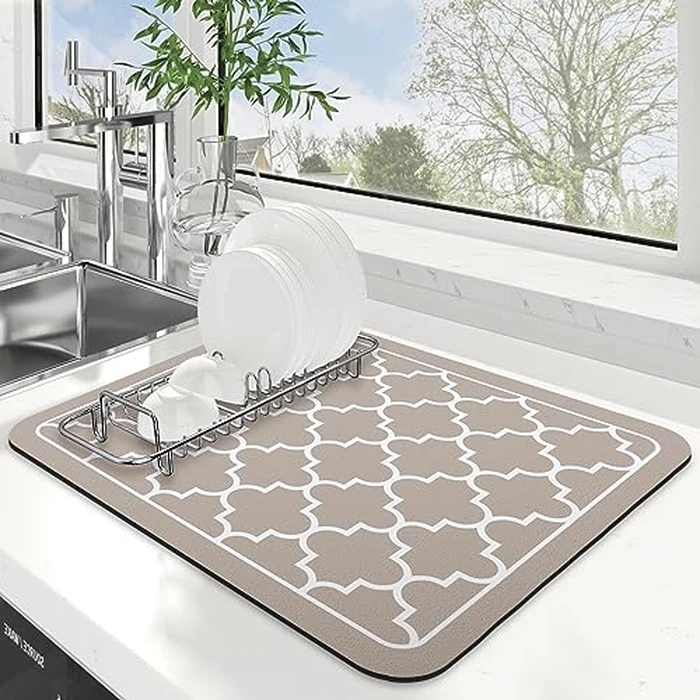 StepTastic Dish Drying Mat Super Absorbent Large Drying Mats for Kitchen Counter Easy Clean Dish Mat 15"x 18" Stylish Khaki by StepTastic - Used - Very Good condition