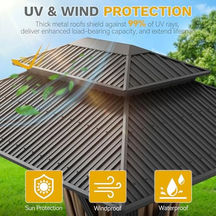 DWVO 12x14ft Hardtop Gazebo Double Roof with Nettings and Curtains, Heavy Duty Galvanized Steel Outdoor Vertical Stripes Roof for Patio, Backyard, Deck, Lawns, Brown by DWVO - Image 3