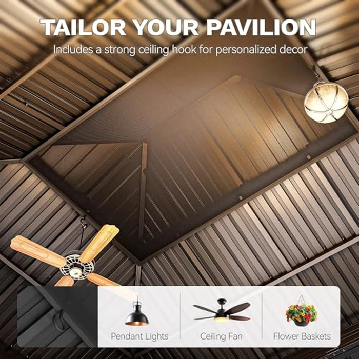 DWVO 12x14ft Hardtop Gazebo Double Roof with Nettings and Curtains, Heavy Duty Galvanized Steel Outdoor Vertical Stripes Roof for Patio, Backyard, Deck, Lawns, Brown by DWVO - Image 7