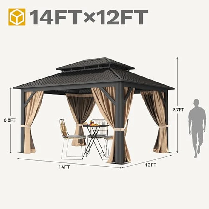 DWVO 12x14ft Hardtop Gazebo Double Roof with Nettings and Curtains, Heavy Duty Galvanized Steel Outdoor Vertical Stripes Roof for Patio, Backyard, Deck, Lawns, Brown by DWVO - Image 8