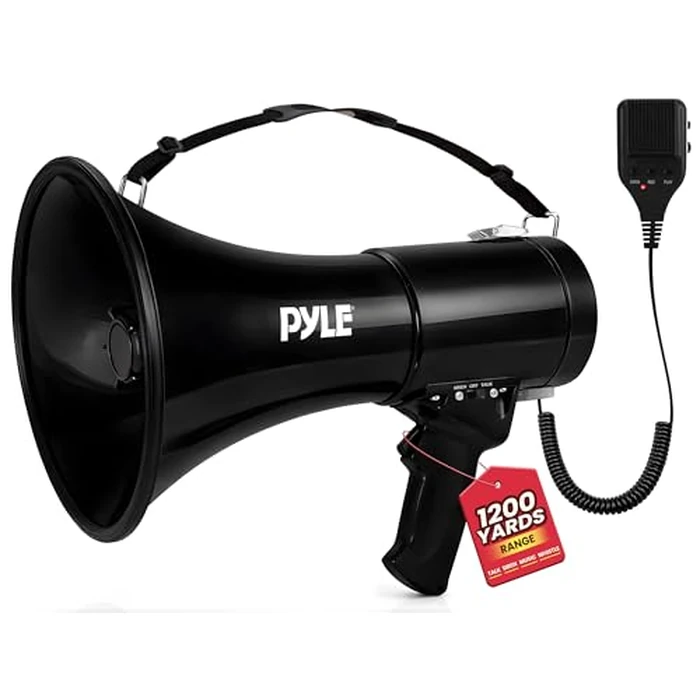 Pyle 50W Megaphone Bullhorn - Portable, Automatic Siren & Adjustable Volume, Projection Range Up to 1200 Square Yards, Aux Input, Talk, Siren, Music, Whistle, & Record, Shoulder Strap (Black) by Pyle - Image 1