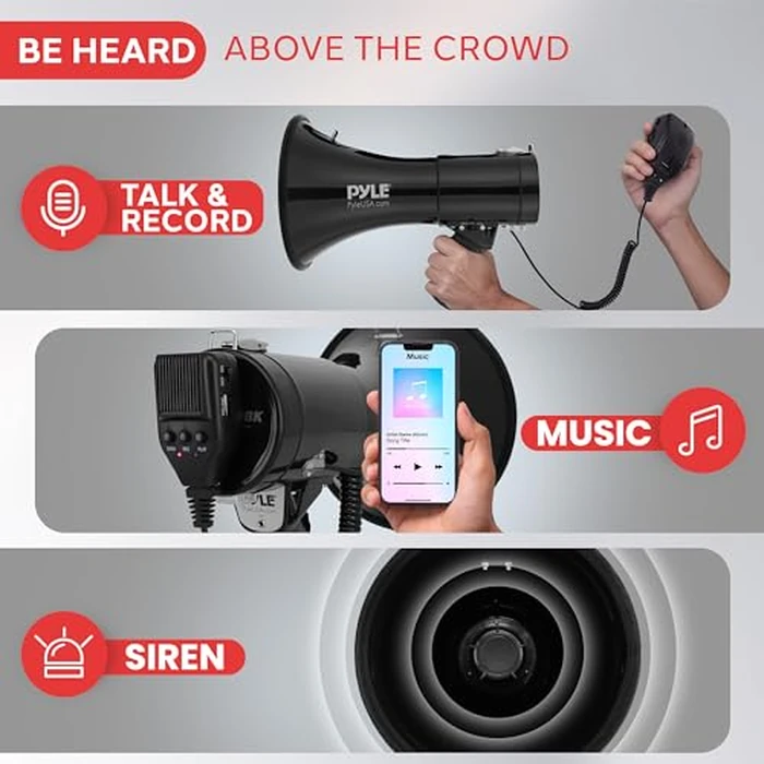 Pyle 50W Megaphone Bullhorn - Portable, Automatic Siren & Adjustable Volume, Projection Range Up to 1200 Square Yards, Aux Input, Talk, Siren, Music, Whistle, & Record, Shoulder Strap (Black) by Pyle - Image 3