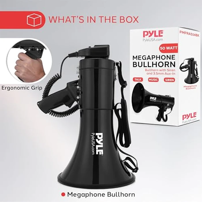 Pyle 50W Megaphone Bullhorn - Portable, Automatic Siren & Adjustable Volume, Projection Range Up to 1200 Square Yards, Aux Input, Talk, Siren, Music, Whistle, & Record, Shoulder Strap (Black) by Pyle - Image 7