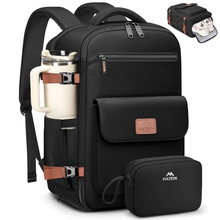 MATEIN Personal Item Backpack 18x14x8 for Frontier, Underseat Travel Backpack with Water Bottle Holder Fit 15.6" Laptops, TSA Approved Luggage Bag with Shoe Compartment for Airlines, 2 Pcs Set by MATEIN - Used - Like New condition
