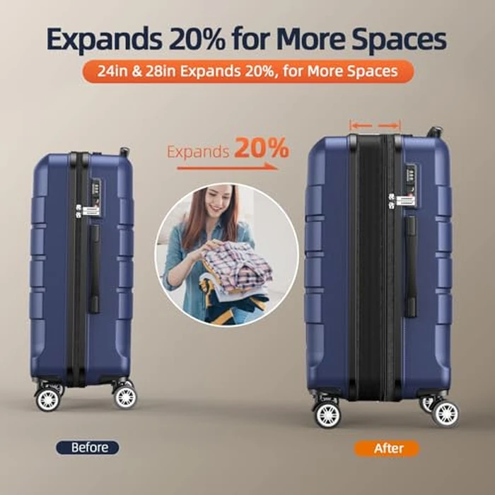 SHOWKOO Full PC Hardshell Luggage Sets Durable Expandable Hardside Suitcase with Double Spinner Wheels TSA Lock 3pcs, Blue, DB/TB/24in by SHOWKOO - Image 4