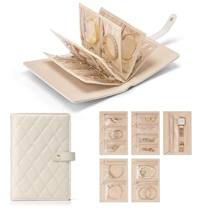 Vlando Travel Jewelry Organizer Case,Leather Jewelry Storage Book Ring Binder with Clear Velvet Zipper Jewelry Pouch Bag for Earrings, Rings, Bracelets,Necklaces,Gifts for Women,Beige by VLANDO - Used - Acceptable condition - CA$13.61