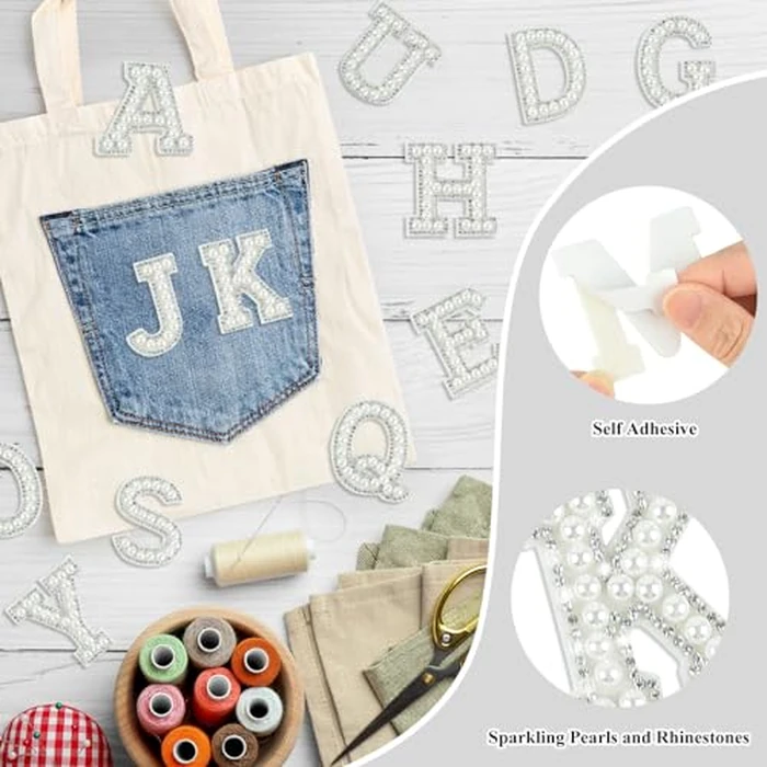 Morcheiong 52Pcs Pearl Rhinestone Letter Patches Self Adhesive A-Z, Stick on Pearl Letter Patches for Clothes, Fabric, Backpack (White) by Morcheiong - Image 3
