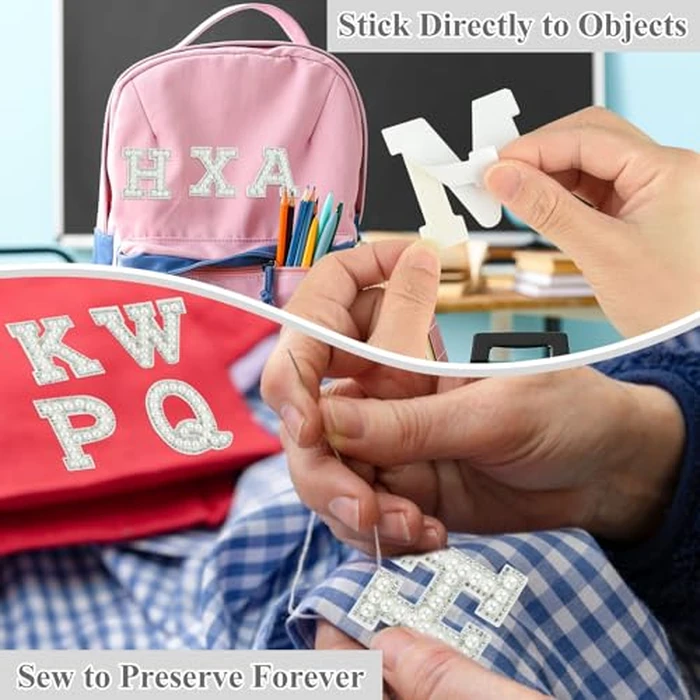 Morcheiong 52Pcs Pearl Rhinestone Letter Patches Self Adhesive A-Z, Stick on Pearl Letter Patches for Clothes, Fabric, Backpack (White) by Morcheiong - Image 4