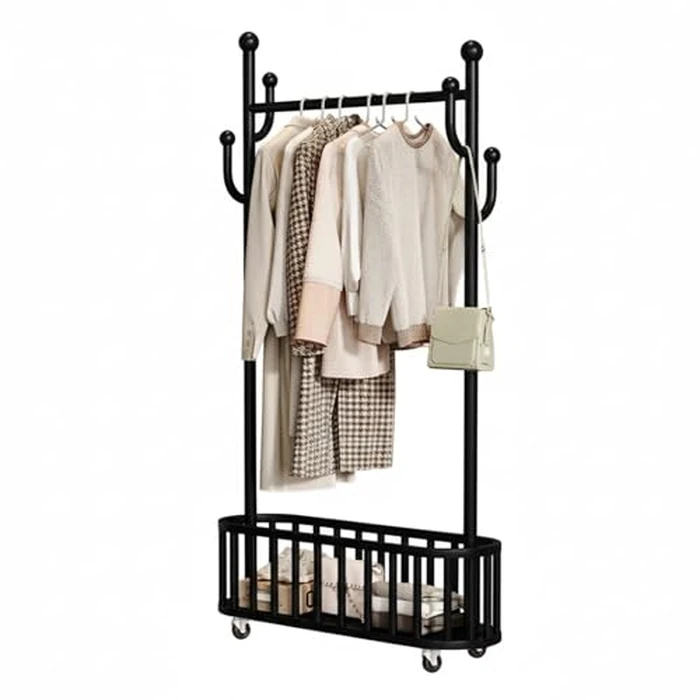 Garvee Metal Clothing Rack with Wheels, Portable Clothes Rail with Storage Basket and 4 Hooks, 68.9" Freestanding Garment Rack for Bedroom, Closet, Living Room, Black by Garvee - Used - Like New condition
