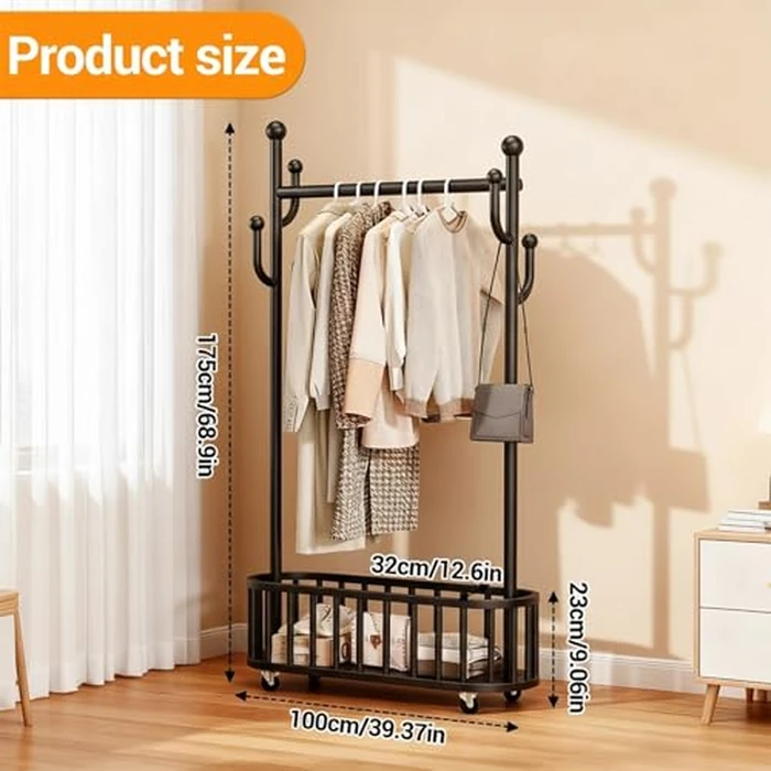 Garvee Metal Clothing Rack with Wheels, Portable Clothes Rail with Storage Basket and 4 Hooks, 68.9" Freestanding Garment Rack for Bedroom, Closet, Living Room, Black by Garvee - Image 3