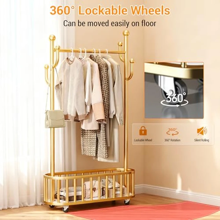 Garvee Metal Clothing Rack with Wheels, Portable Clothes Rail with Storage Basket and 4 Hooks, 68.9" Freestanding Garment Rack for Bedroom, Closet, Living Room, Black by Garvee - Image 6