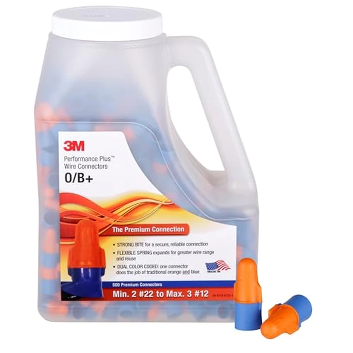 3M Performance Plus Wire Connector, O/B+JUG, Orange/Blue, Flexible Steel Spring Connectors, Twist On, CSA Certified, UL Listed, Jug of 500, 22-12 AWG by 3M - Used - Like New condition - US$53.95