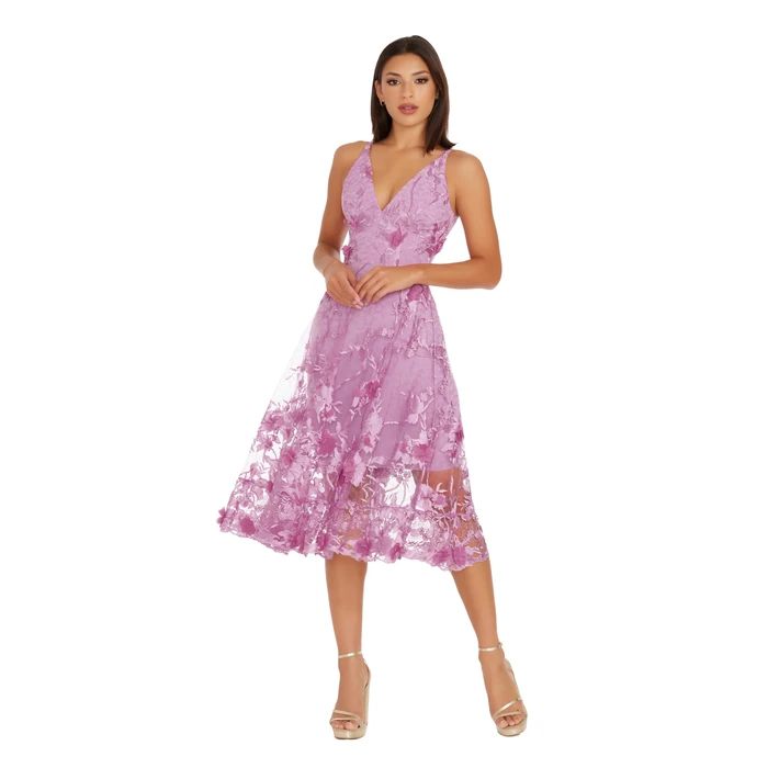 Dress the Population Women's Audrey Spaghetti Strap Midi A-line 3D Floral Dress, Lavender, S by Dress the Population - Image 1