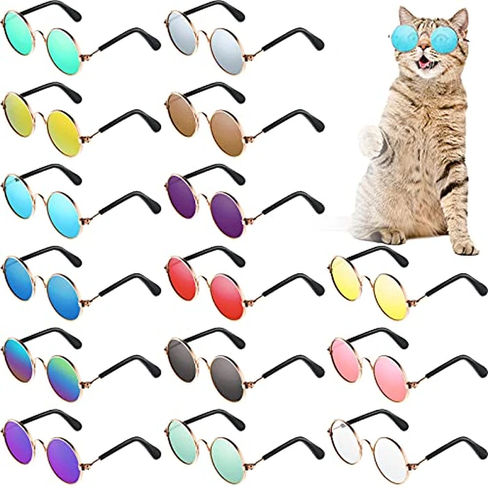 Weewooday 15 Pieces Dog Sunglasses Cat Sunglasses Retro Small Pet Round Metal Glasses Puppy Funny Cosplay Glasses Doll Photo Props Eyewear Costume for Small Medium Dogs by Weewooday - Image 1