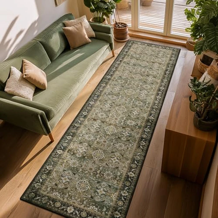 Findosom 2x8 Runner Rug, Washable Runner Rug Non Slip with Rubber Backing, Low Pile Soft Boho Runners for Hallways, Kitchen, Laundry, Bedroom, Entrance and Home Decor, Green by Findosom - Used - Like New condition - CA$37.99