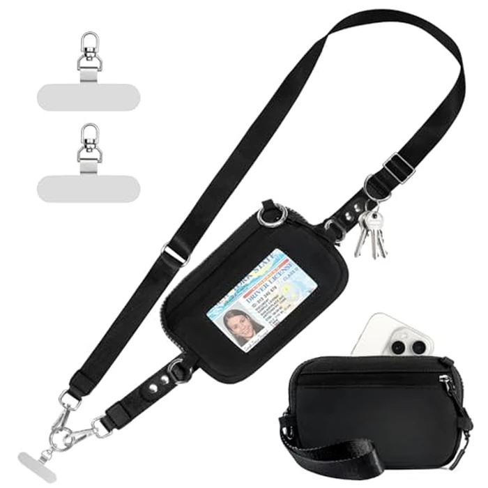 Tiostep Clip and Go Strap for Phone with Wallet Crossbody Phone Lanyard Adjustable and Detachable RFID Wristlet Wallet with ID Window and Zipper, Black(L) by Tiostep - Used - Very Good condition - US$20.69
