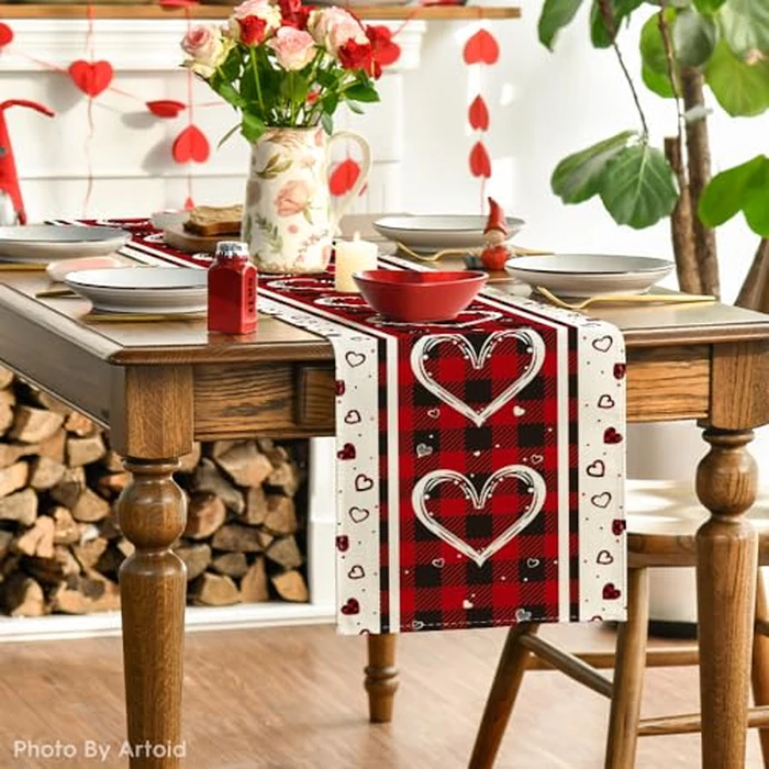 Artoid Mode Buffalo Plaid Love Hearts Valentine's Day Table Runner, Seasonal Kitchen Dining Table Decoration for Indoor Home Party 13x90 Inch by Artoid Mode - Image 3