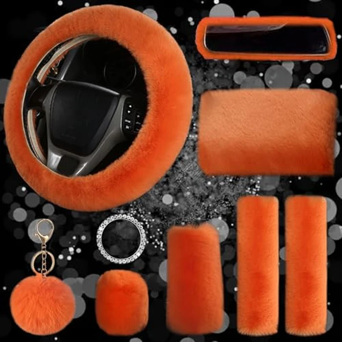 9-Pack Fluffy Car Accessories Set,Silence Shopping Fluffy Steering Wheel Cover Winter Warm Fur Steering Wheel Cover Fuzzy Car Decoration Accessories for Women Girls (Orange) by Silence Shopping - Used - Very Good condition - US$16.66