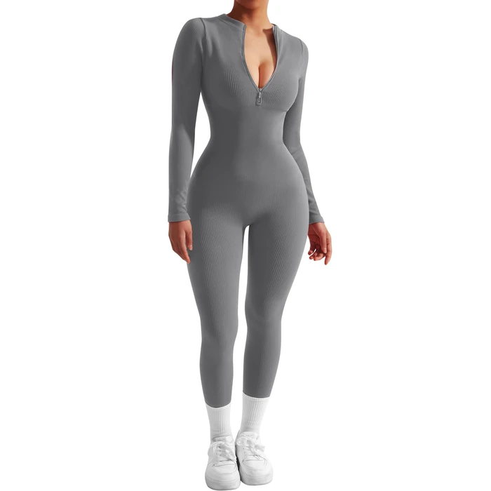 SUUKSESS Women Long Sleeve Ribbed Jumpsuit Sexy Zip up Front Workout One Piece Bodycon Jumpsuit Romper (Grey, S) by SUUKSESS - Used - Like New condition - US$23.96